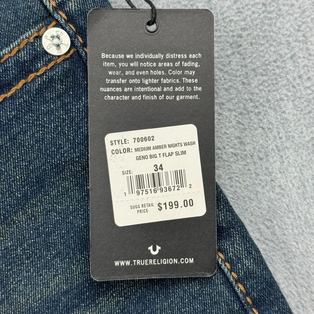 True Religion Jeans Mens 34X33 Blue Geno Big T Flap Pocket Slim Stretch Pant NWT